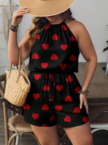 EMERY ROSE Heart Print Plus Size Halter Romper, Suitable For Vacation Valentine's Day - Multicolor - View 4