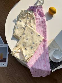 少女休闲蝴蝶结刺绣松紧腰条纹裤，简约基础款家居裤，适合春夏日常穿着 - 彩色 - 查看 3