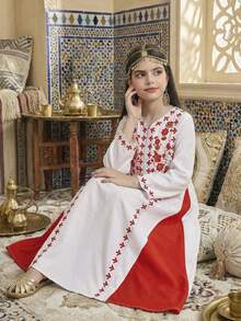 SHEIN Rochie preadolescentă cu imprimeu în blocuri de culori și mânecă lungă, linie A - roșu - Vizualizare 9