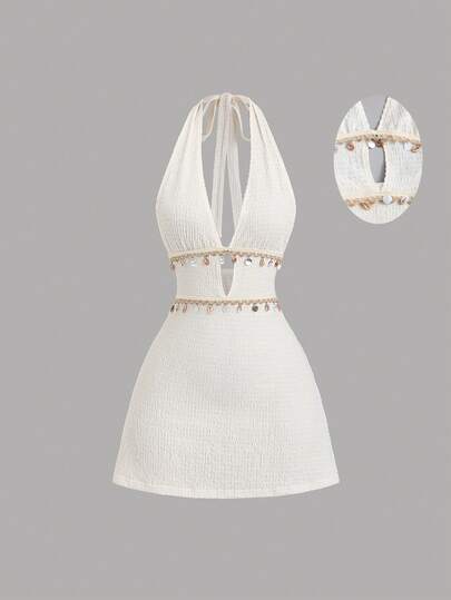 Sweetra 女士休闲度假日常百搭时尚沙滩连衣裙，流苏贝壳装饰，露背吊带A字迷你连衣裙，杏色