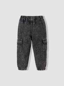 SHEIN 年轻男孩复古休闲街头风格酷炫多口袋宽松舒适全松紧腰抽绳袖口牛仔工装裤 - 黑色 - 查看 2