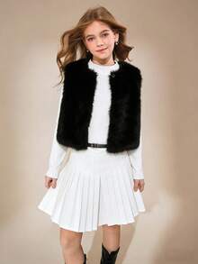 1pc Girls Oversized Sleeveless Tank Top, Fluffy Texture, Loose Fit, Solid Color Minimalist Style, Suitable For Layering In Autumn/Winter, Suitable For School, Weekend And Daily Wear - Black - View 3