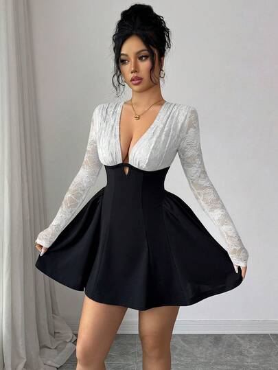 Rafferiza Vestido mini de manga larga con cuello en V profundo, de ajuste regular, de tela de punto con parches de encaje negro elegante, adecuado para fiestas de solteros, bailes de gala