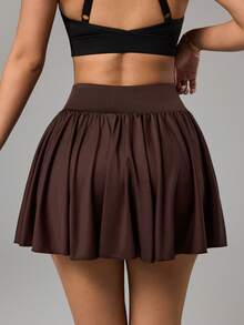 Dewbera Dewbera Women's Solid Color High Waist Pleated Fashion Sports Mini Skirt - Coffee Brown - View 3