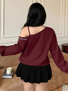 Modelyn Plus Size Korean Style Casual Loose Bowknot Asymmetric-Shoulder Short Sweatshirt, Spring - Burgundy - View 3