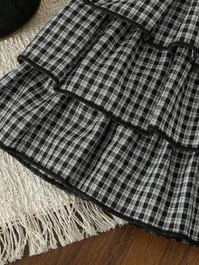 2pcs Baby/Baby GirlCute Rabbit Print T-Shirt Top With Bow Decor And Vintage Plaid Cake Skirt Set - Black - View 6