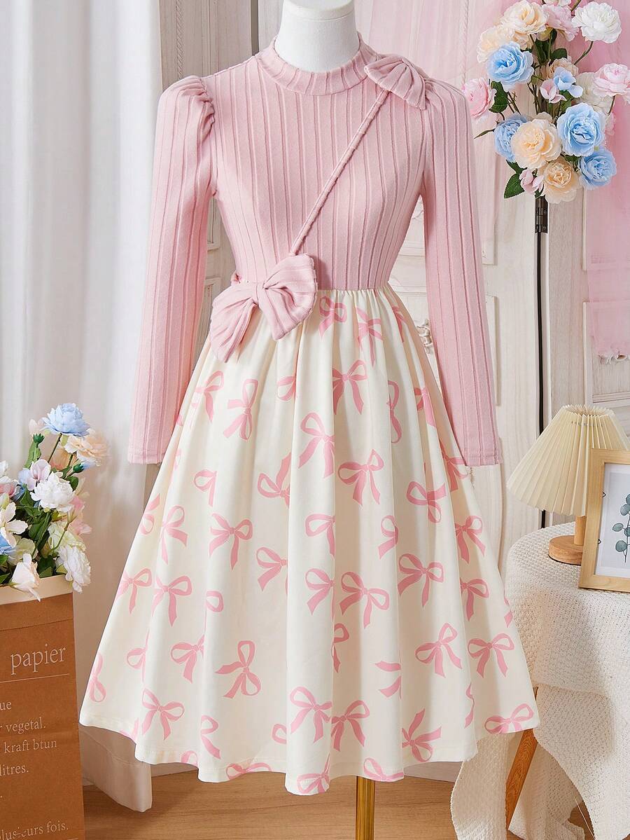 少女蝴蝶结印花罗纹长袖针织连衣裙 - 粉色 - 查看 1