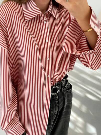 INAWLY Women's Striped Minimalist Casual Long Sleeve Shirt