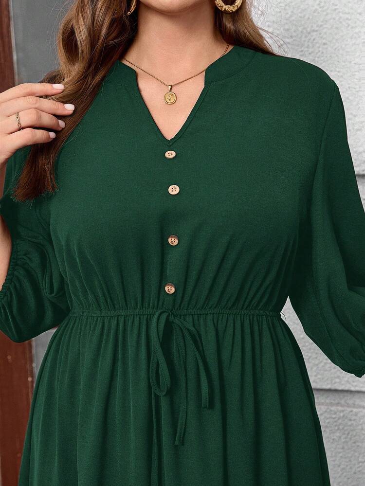 Plus Size Casual & Commute Solid Color V-Neck Regular Shoulder Waist Cinched Dress