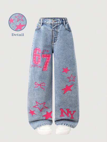 SHEIN Sparklyn 1pc Tween Girls' Cartoon Capybara Printed Straight Leg Jeans, Cute & Sweet Casual Fashion Recommended! Classic Washed Blue Denim Comfortable Fabric, Cartoon Print Pattern, High Waist Elastic Waistband + Fake Chain Design, Straight Leg Silhouette, Flattering Leg. Suitable For Daily Outings, Campus Casual, Weekend Trips, Back To School Season, Vacation, Etc. Bringing Fashionable And Energetic Vibes To Every Day!