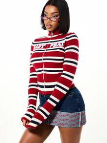 BABYPHAT Striped Zip Up Cardigan With Logo Detail And Ribbed Collar Perfect For Fall Winter Layering Essential Statement Piece - Multicolor - View 1