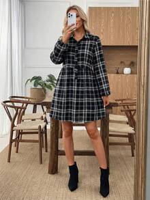 SHEIN LUNE 女士格子长袖休闲宽松衬衫裙 - 黑色 - 查看 3