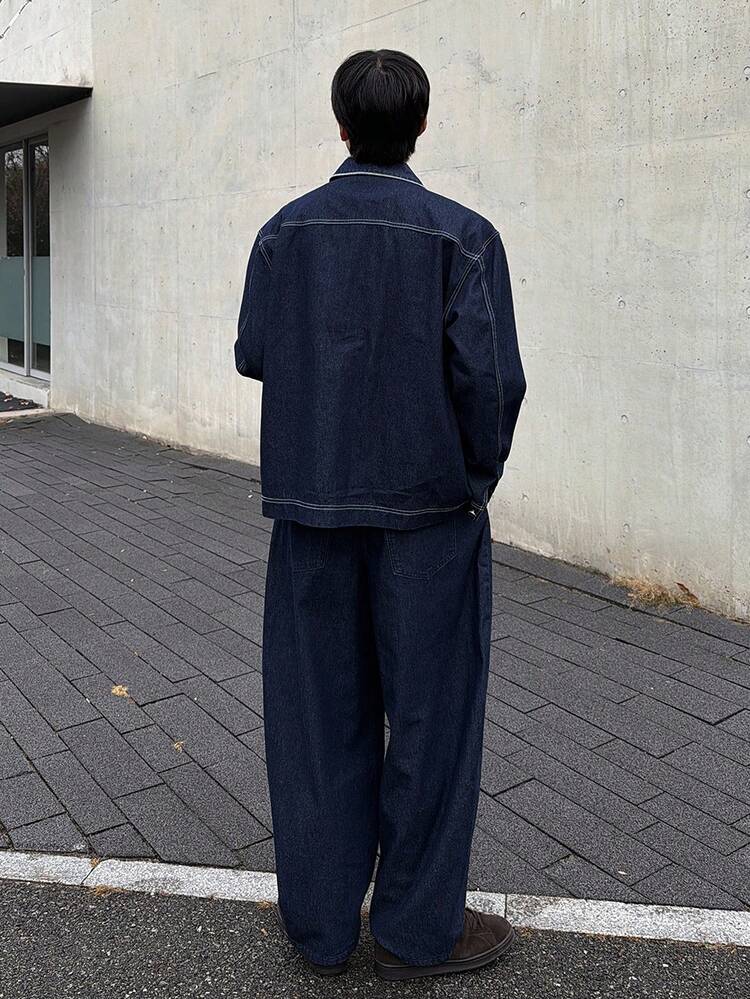 Men's Solid Navy Blue Denim Suit, Autumn
