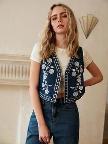 MOTF PREMIUM WOMEN'S ELEGANT EMBROIDERED DENIM JACKET - Blue - View 6