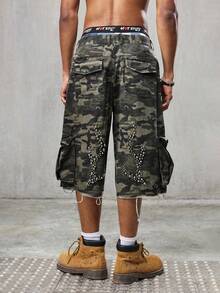 SHEIN HOT STUFF Men's Loose Fit Camouflage Cargo Shorts, Street Style, Summer - Army Green - View 3