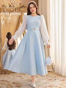 Robe capuchon élégante et luxueuse pour adolescente, printemps/été, avec ceinture ornée de strass, ourlet à volants. Convient pour les mariages, les fêtes, les vacances. Robe bicolore bleu et blanc - Bleu azur - Voir 5