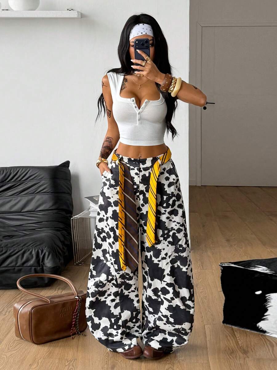 Coolane 男女夏季西部牛仔风街头服饰演唱会服装 Y2K 森林迷彩宽松低腰香蕉裤 - 黑色 - 查看 1