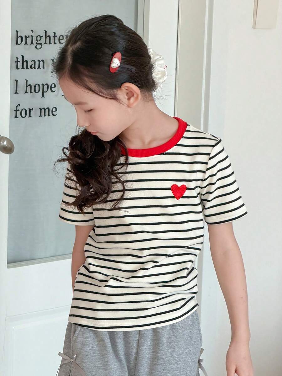 DAZY Tween Girls Round Neck Knitted Striped Heart Embroidery Short Sleeve Casual T-Shirt Spring - Multicolor - View 1