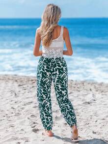 Sylviya Blommönster med hög midja elastiska byxor med dragsko med volanger, eleganta fritidskläder - Grön - Visa 2