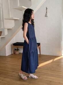 Dazy Kids Tween Girls Sleeveless Round Neck Denim Dress - Dark Wash - View 5