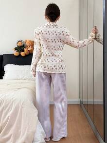 DAZY Bear & Ditsy Floral Top Paired With Striped Pajama Pants, Women Sleepwear Set - Beige - View 2