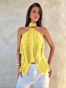 Aloruh Women's Elegant Multi-Layer Ruffle Trim Stand Collar Fitted Tank Top Yellow Halter Top Yellow Summer Top Yellow Top Women - Yellow - View 4