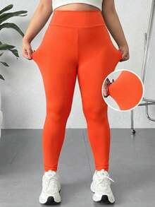 SHEIN EZwear Plus Size Solid Color Elastic High Waist Skinny Leggings - Orange - View 2