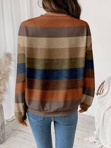 SHEIN LUNE Casual Retro Striped Contrast Color Cozy Print Pattern Crew Neck Loose Fit Women Sweatshirt, Comfortable For Spring And Autumn Carnival - Multicolor - View 2