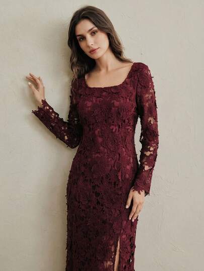 Burgundy Water-Soluble Lace Mid-Length Elegant Cocktail Dress, Suitable For Parties, Weddings, And Formal Events