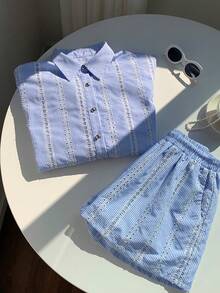 Comfortcana Bộ đồ nữ thường ngày phong cách nghỉ dưỡng, họa tiết kẻ sọc thêu, tay dài, dáng rộng, vai rớt và quần short, thích hợp cho mùa xuân/hè/thu. - Màu xanh lam - Xem 7