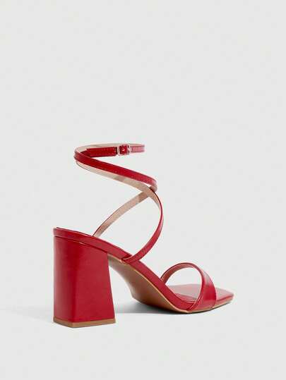 CUCCOO SZL Women Shoes Red PU Ankle Strap Daily Basic Commuter Strap Square Toe Thick Heel Sandals Prom Heels Summer Shoes
