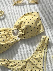 Swim Mod 女士夏季黑白波点印花紧身性感沙滩两件式比基尼泳装 - 黃色 - 查看 3