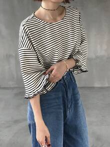 FRIFUL 女士休闲条纹宽松T恤，春夏百搭 - 黑與白 - 查看 4
