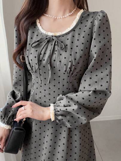 FRIFUL 拼接撞色蕾丝边长袖收腰波点甜美休闲连衣裙