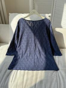 Lacomfia Plus Size 3/4 Sleeve Jacquard Knit Casual T-Shirt - Navy Blue - View 2