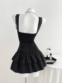 Elamini Women's Commuting, Back To School, Daily Wear Black Striped Lace Trim Mini Dress - Black - View 2