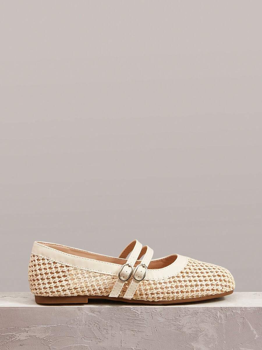 Styleloop 女士休闲圆头平底编织网布鞋，棕色，时尚简约风格，舒适透气绑带设计 - 杏色 - 查看 1