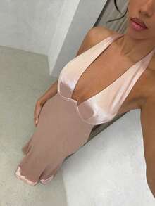 SHEIN Glamour Women's Solid Color Deep V Neck Bodycon Elegant Sexy Satin Halter Dress, Suitable For Party And Gathering Occasions - Champagne - View 6