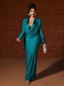 SHEIN CURVE+ Elegantes Kleid in Große Größen mit drapiertem Ausschnitt und Fischschwanzsaum, Herbst - Grün - Übersicht 7