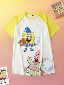 SpongeBob SquarePants | SHEIN Plus Size Comfortable Cartoon Pattern Colorblock Raglan Sleeve Nightgown, Summer - Yellow - View 1