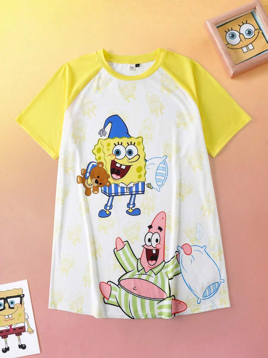 SpongeBob SquarePants | SHEIN Plus Size Comfortable Cartoon Pattern Colorblock Raglan Sleeve Nightgown, Summer - Yellow - View 1