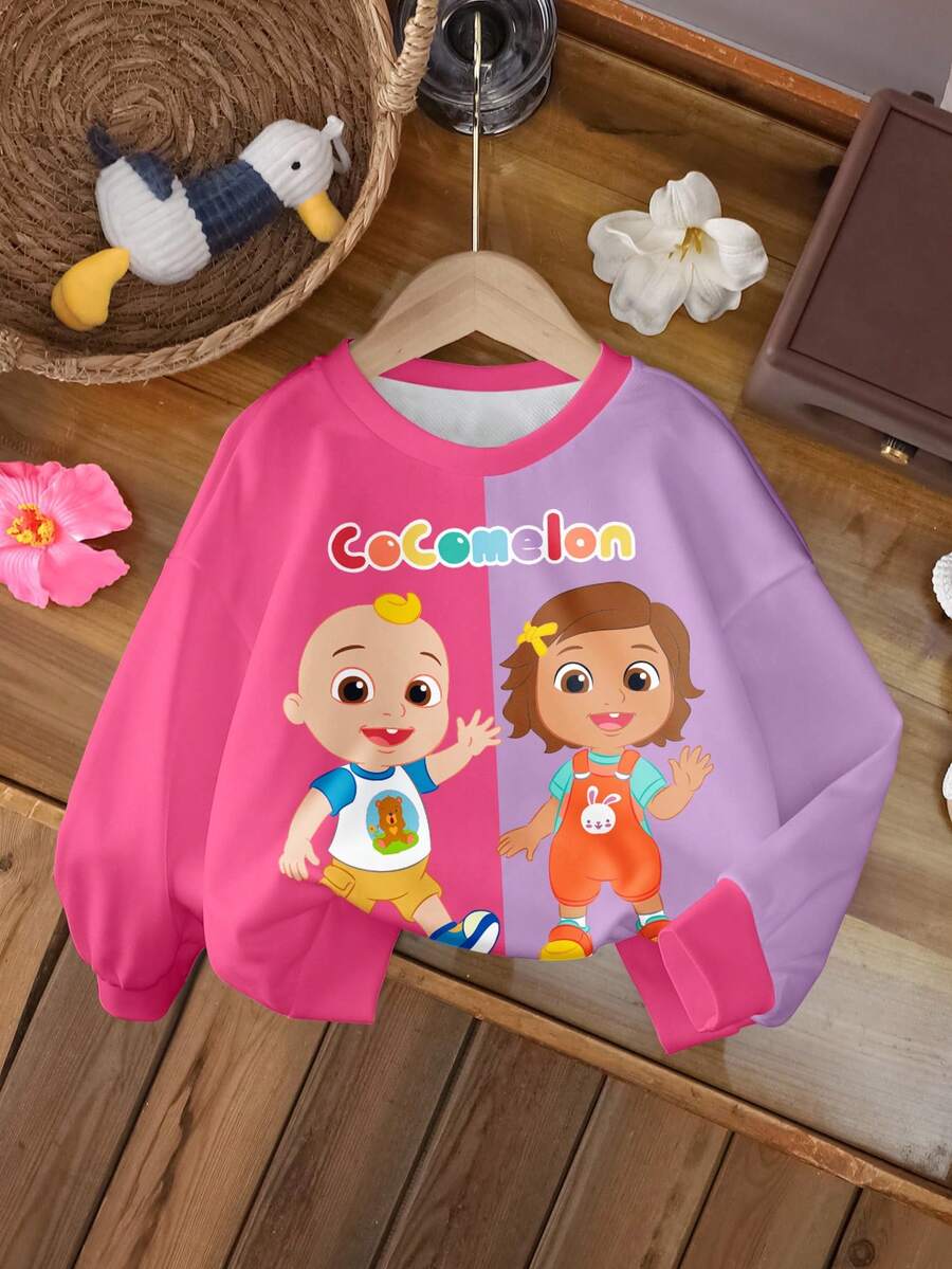 CoComelon X SHEIN Young Girl Cartoon Figure Graphic Colorblock Crew Neck Long Sleeve Sweatshirt - White - View 1