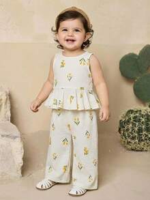 SHEIN Baby Mädchen Sommer süßes einfarbiges strukturiertes ärmelloses Top und Hose mit elastischem Bund - Verschiedenfarbig - Übersicht 5