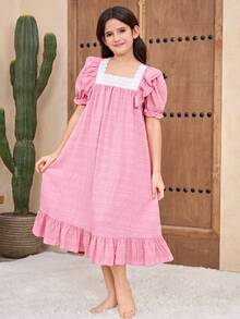 SHEIN 少女宽松休闲方领泡泡袖撞色刺绣花卉饰边家居服 - 藕粉色 - 查看 5