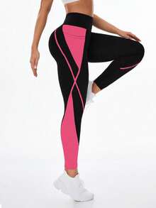 Exploreva Leggings sin costuras de cintura alta con patchwork de colores contrastantes - Rosa coral - Ver 6
