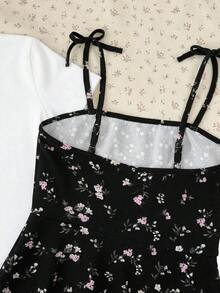SHEIN Set Gaun Camisole dan Kaos Lengan Pendek Motif Bunga Kecil Kasual Musim Panas untuk Anak Perempuan Remaja - Hitam dan Putih - View 4