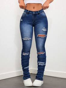 SHEIN ICON 大码女式复古街头风灰色弹力牛仔喇叭裤 - 深色水洗藍 - 查看 5
