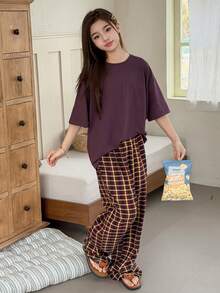 DAZY Conjunto de pijama para niña preadolescente con top de cuello redondo y hombros caídos de unicolor y pantalones a cuadros para primavera - Multicolor - Ver 7