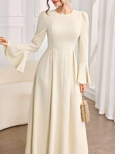 Al Najma 女士优雅简约纯色喇叭袖收腰阿拉伯风格连衣裙