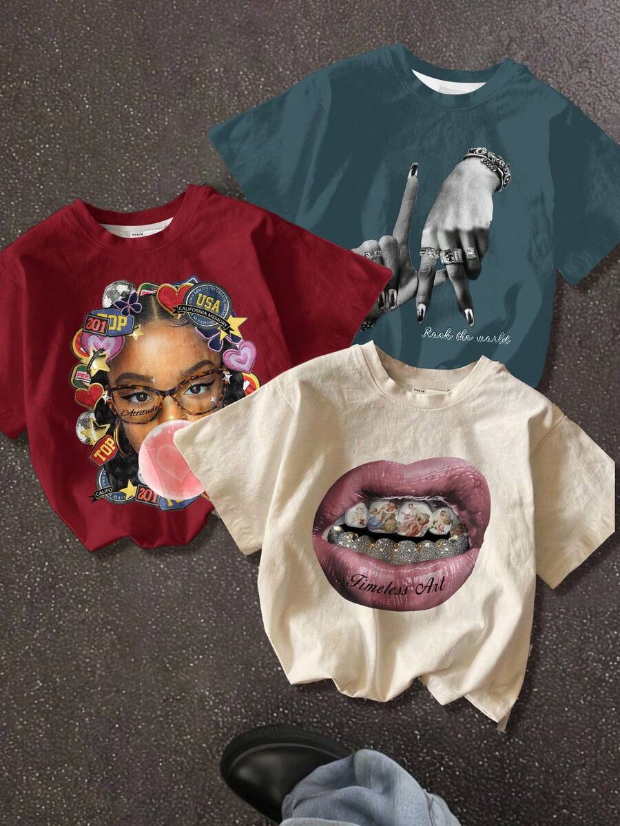 3件套少女休闲简约短袖圆领T恤,印有个性化街头嘻哈女孩肖像、洛杉矶手势和嘴唇图案,颜色有红色、浅桃色和绿色可选。 - 彩色 - 查看 1